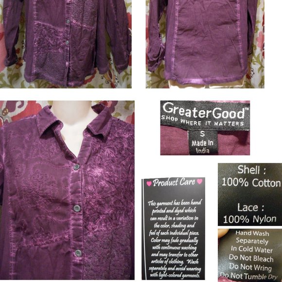 NEW! GREATER GOOD Purple Cotton Embroidered LS Button-Down Shirt! S - Picture 3 of 3